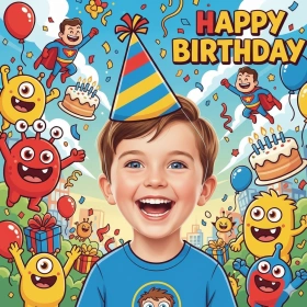 Smiling Boy Kid Birthday Photo with Cartoon Theme