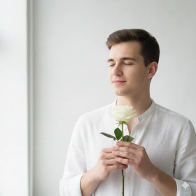 Boy with White Rose Calm and Clean Look