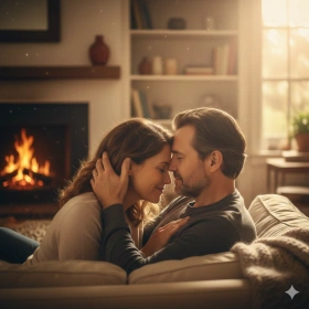 Gentle Forehead Kiss Between Adult Couple in Warm Mood