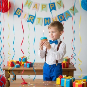 Boy Kid Wearing Birthday Outfit with Fun Decorations