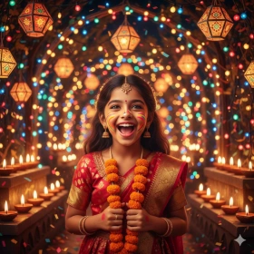 Smiling Girl Diwali Portrait with Colorful Lights