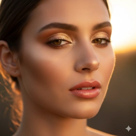 18. Warm Tone Makeup Look with Soft Highlights