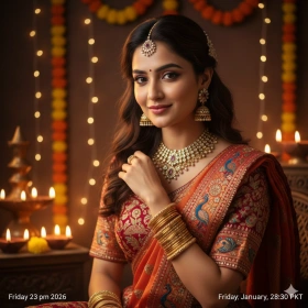 Traditional Diwali Look with Girl Wearing Jewelry and Soft Smile