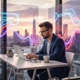 Man Working on Laptop Modern Workspace Prompt