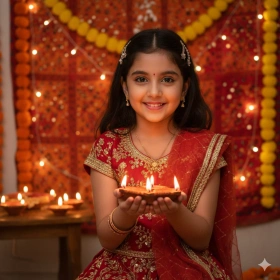 Festive Girl Portrait with Diwali Diyas and Warm Background
