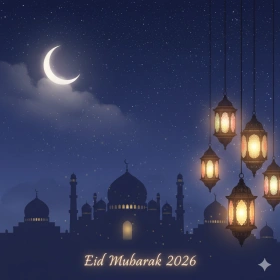 Peaceful Night Eid Mubarak 2026 Greeting Image