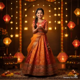 Festive Diwali Photo of Girl in Ethnic Dress with Warm Tones