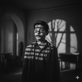 Black and White Boy Image with Cinematic Shadows