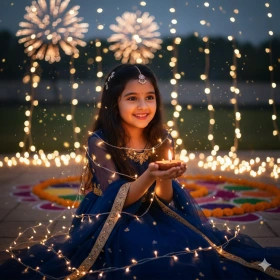 Diwali Celebration Portrait with Girl and String Lights