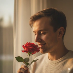 Emotional Boy Portrait with Rose and Gentle Smile