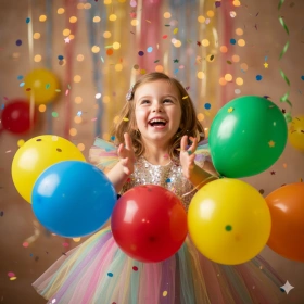 Smiling Birthday Girl Photo with Balloons and Confetti