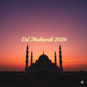 Eid Mubarak 2026 Image with Mosque Silhouette at Sunset