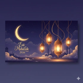 Eid Mubarak 2026 Image with Crescent Moon and Golden Lanterns