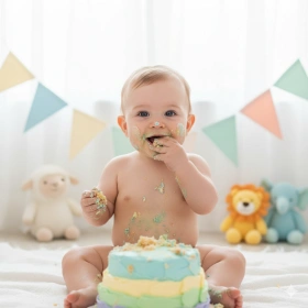 Boy Kid First Birthday Photo with Cute Cake Setup