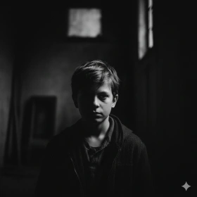 Black and White Boy Portrait with Dramatic Mood