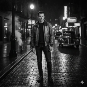 Stylish Boy in Vintage Leather Jacket, City Street at Night, Dramatic Shadows