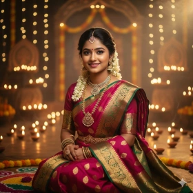 Traditional Girl Diwali Portrait in Festive Saree with Warm Lighting