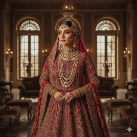 10. Luxury Pakistani Bridal Look with Red and Gold Theme