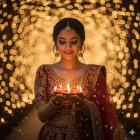 Girl in Traditional Outfit Holding Diyas with Golden Bokeh Lights