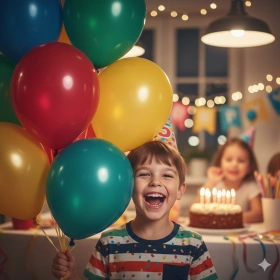 Happy Birthday Boy Kid Portrait with Colorful Balloons