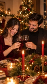 Couple raising glasses at a candlelit Christmas Eve dinner table with pine centerpiece