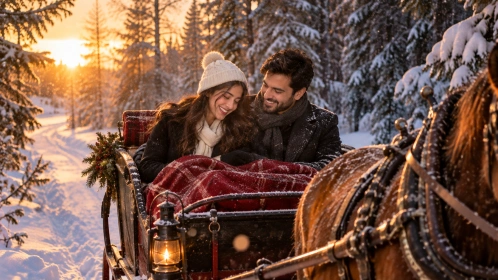 Couple riding a vintage sleigh through a snowy forest at golden hour under a red blanket