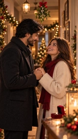 Couple standing under mistletoe in a decorated hallway with a ring box in the foreground