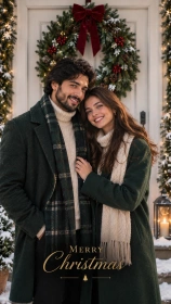 Couple in cream and green outfits standing before a Christmas wreath on a door with Merry Christmas text