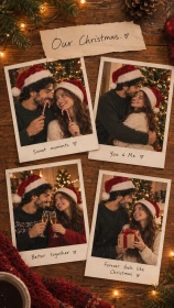 Polaroid collage of a couple in Santa hats with a handwritten Our Christmas note