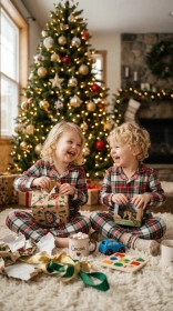Two siblings in matching red plaid Christmas pajamas laughing on a living room floor on Christmas morning