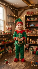 Child dressed as a cheerful elf in a green and red outfit with a pointed hat in a cozy toy workshop full of wooden toys