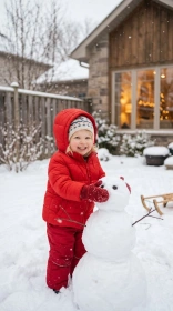 Child in a puffy winter coat and mittens building a snowman in a snowy backyard with soft snowfall