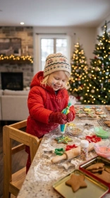 Child in a small red apron decorating gingerbread cookies at a kitchen counter with flour and sprinkles