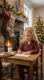 Child in cozy pajamas writing a letter to Santa at a small desk beside a crackling fireplace with stockings hanging