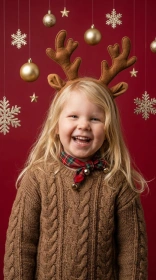 Child wearing a soft reindeer antler headband and a brown knit sweater laughing against a clean red studio backdrop