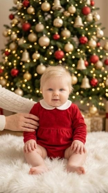 Baby in a red velvet romper sitting on a white fur rug in front of a glowing Christmas tree with gold ornaments