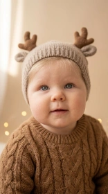 Baby in a soft knitted reindeer beanie with little antlers and a cozy brown sweater looking up with big eyes