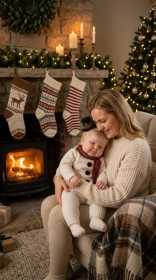 Mother holding her baby in a knitted snowman outfit beside a warm fireplace with stockings and a decorated mantel