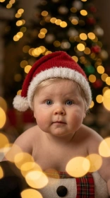 Close-up of a baby's face in a tiny Santa hat with glowing golden Christmas light bokeh in the background