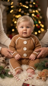 Baby in a cute gingerbread-colored outfit with white icing details sitting on a fluffy white rug surrounded by holiday decor
