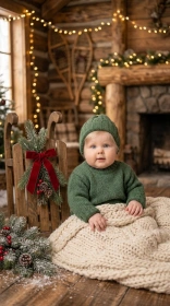 Baby boy in a chunky green knit sweater and beanie sitting beside a small wooden sled with pine cones and winter greenery