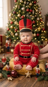 Baby boy dressed in a soft red and gold nutcracker-style costume with a tall hat sitting among Christmas decorations