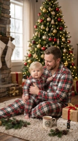 Father holding his baby boy while both wear matching red plaid pajamas beside a glowing Christmas tree on Christmas morning