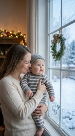 Baby boy in a cozy snowsuit held by his mother at a frosty window watching snow fall outside near Christmas decorations