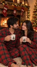 Matching Christmas Pajamas by the Fireplace