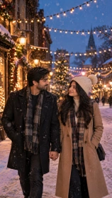Snowy Street Walk Under Christmas Lights